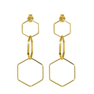 18 Kt Real Solid Yellow Gold Geometric Hexagon Long Triple Dangle Drop Earrings