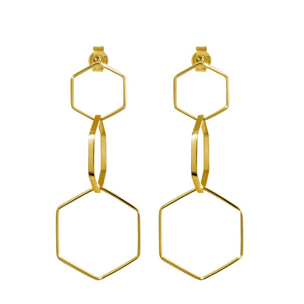 18 Kt Real Solid Yellow Gold Geometric Hexagon Long Triple Dangle Drop Earrings - Image 3