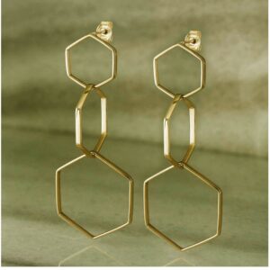 18 Kt Real Solid Yellow Gold Geometric Hexagon Long Triple Dangle Drop Earrings