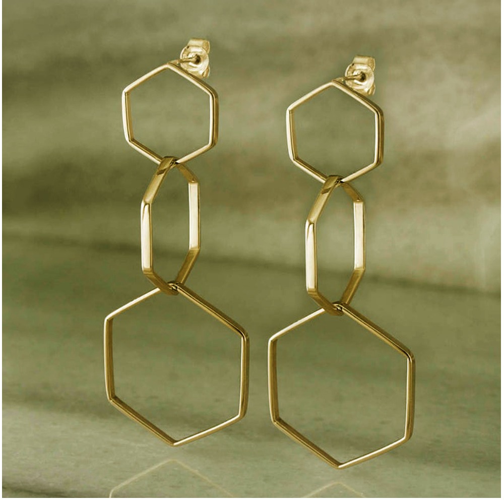 18 Kt Real Solid Yellow Gold Geometric Hexagon Long Triple Dangle Drop Earrings - Image 2