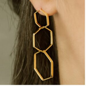 18 Kt Real Solid Yellow Gold Geometric Hexagon Long Triple Dangle Drop Earrings