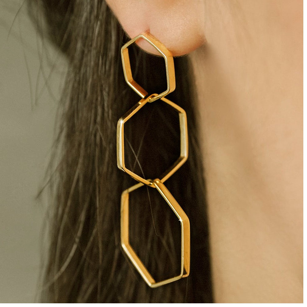 18 Kt Real Solid Yellow Gold Geometric Hexagon Long Triple Dangle Drop Earrings