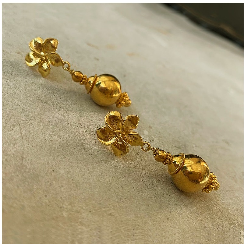 22 Kt Solid Yellow Gold Beads Filigree Wire Wrapped Floral Dangle Drop Earrings - Image 5