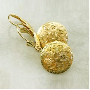 18 Kt Hallmark Real Solid Yellow Gold Engraved Floral Dangle Drop Earrings Lever