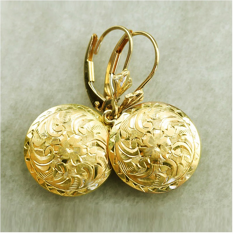 18 Kt Hallmark Real Solid Yellow Gold Engraved Floral Dangle Drop Earrings Lever