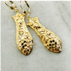 18 Kt Hallmark Real Solid Yellow Gold Floral Dangle Drop Leverback Earrings