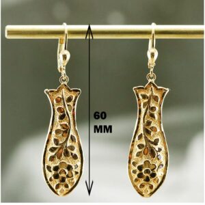 18 Kt Hallmark Real Solid Yellow Gold Floral Dangle Drop Leverback Earrings
