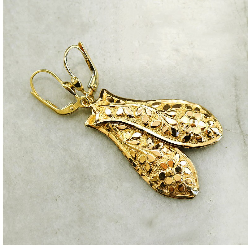 18 Kt Hallmark Real Solid Yellow Gold Floral Dangle Drop Leverback Earrings