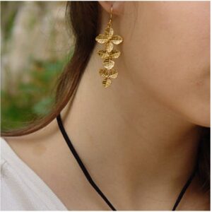 18 Kt Real Solid Yellow Gold Botanical Leaf Women'S Dangle Long Drop Earrings