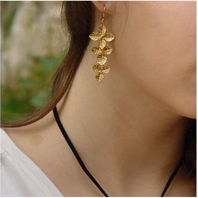 18 Kt Real Solid Yellow Gold Botanical Leaf Women'S Dangle Long Drop Earrings - Image 2