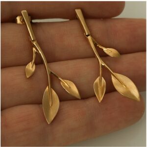 22 Kt Hallmark Real Solid Yellow Gold Leaves Art Nouveau Dangle Drop Earrings