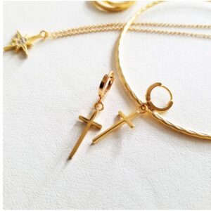 18 Kt Hallmark Real Solid Yellow Gold Cross Hoop Dangle Drop Women'S Earrings