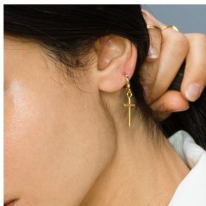 18 Kt Hallmark Real Solid Yellow Gold Cross Hoop Dangle Drop Women'S Earrings