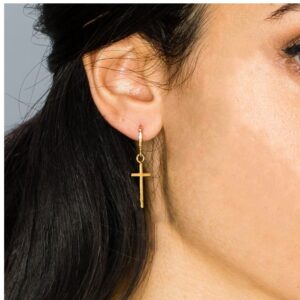 18 Kt Hallmark Real Solid Yellow Gold Cross Hoop Dangle Drop Women'S Earrings