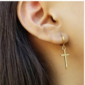 18 Kt Hallmark Real Solid Yellow Gold Cross Hoop Dangle Drop Women'S Earrings
