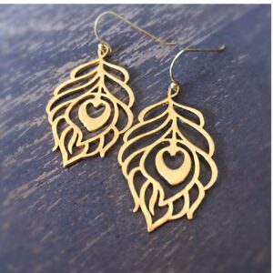 18 Kt Hallmark Real Solid Yellow Gold Peacock Feather Hook Dangle Drop Earrings