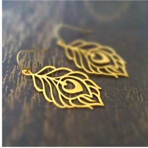18 Kt Hallmark Real Solid Yellow Gold Peacock Feather Hook Dangle Drop Earrings