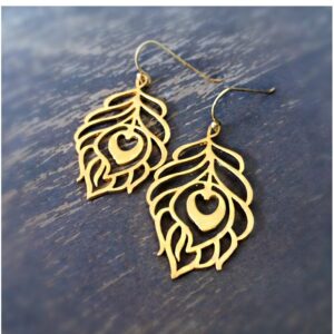 18 Kt Hallmark Real Solid Yellow Gold Peacock Feather Hook Dangle Drop Earrings