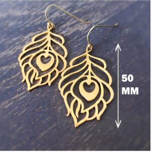 18 Kt Hallmark Real Solid Yellow Gold Peacock Feather Hook Dangle Drop Earrings