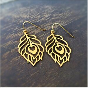 18 Kt Hallmark Real Solid Yellow Gold Peacock Feather Hook Dangle Drop Earrings