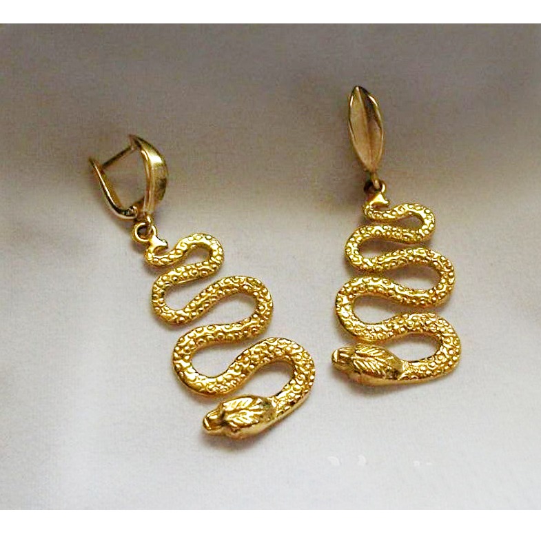 Fine Jewelry 18 Kt Hallmark Real Solid Yellow Gold Snake Dangle Drop Earrings