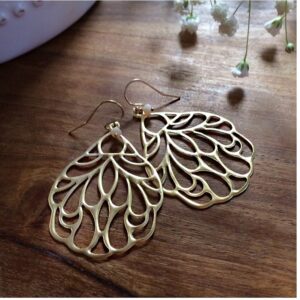 14 Kt Real Solid White Gold Fairy Wing Fantasy Boho Opal Dangle Drop Earrings