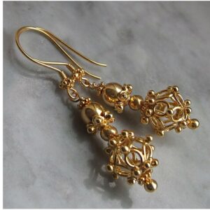 18 Kt Real Solid Yellow Gold Filigree Wire Wrapped Floral Dangle Drop Earrings