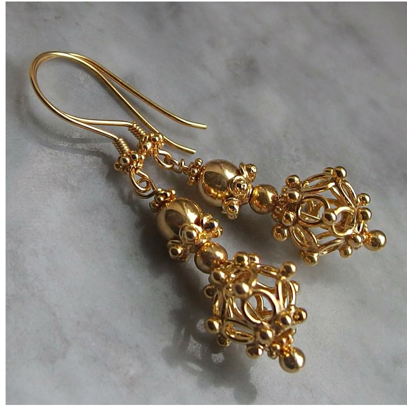 18 Kt Real Solid Yellow Gold Filigree Wire Wrapped Floral Dangle Drop Earrings - Image 4