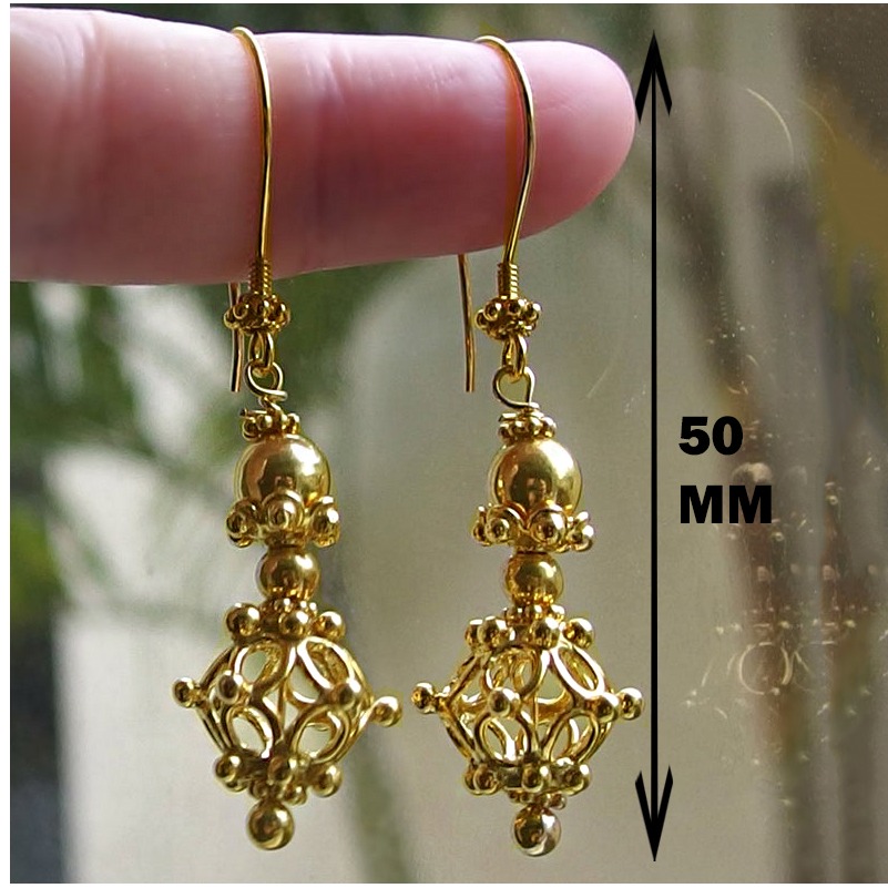 18 Kt Real Solid Yellow Gold Filigree Wire Wrapped Floral Dangle Drop Earrings - Image 2