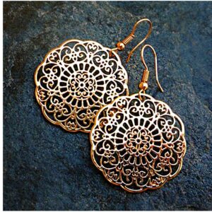 18 Kt Real Solid Yellow Gold Boho Filigree Circle Hippie Dangle Drop Earrings