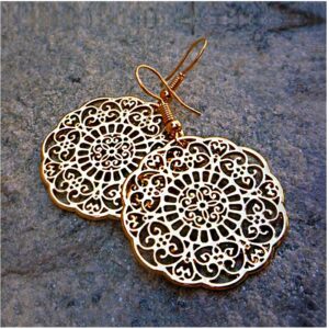 18 Kt Real Solid Yellow Gold Boho Filigree Circle Hippie Dangle Drop Earrings