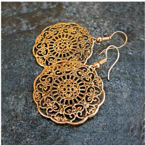 18 Kt Real Solid Yellow Gold Boho Filigree Circle Hippie Dangle Drop Earrings