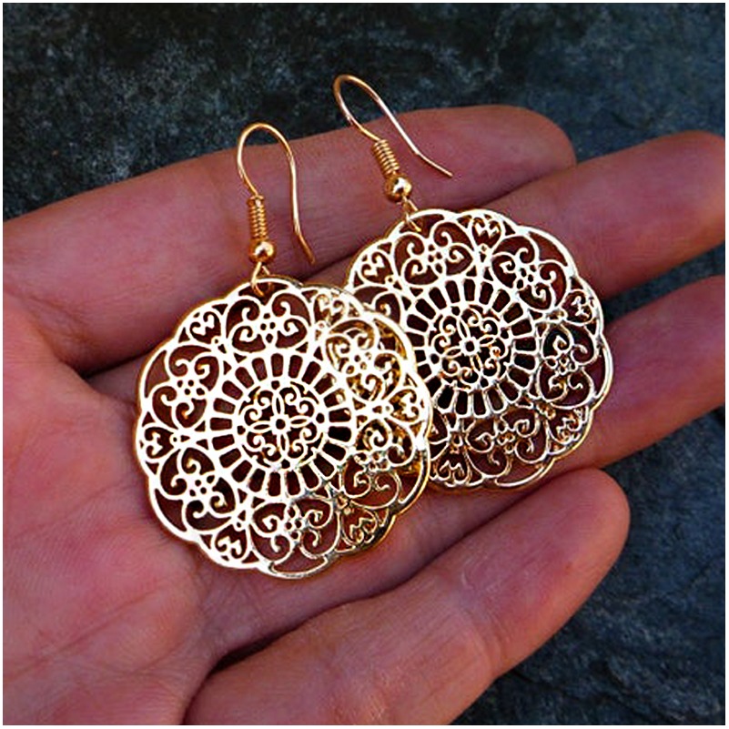 18 Kt Real Solid Yellow Gold Boho Filigree Circle Hippie Dangle Drop Earrings