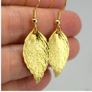 Fine Jewelry 18 Kt Real Solid Yellow Gold Minimalist Leaf Dangle Drop Earrings