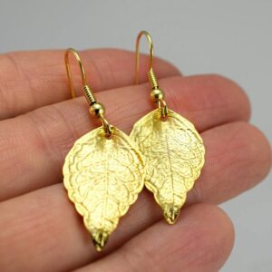 Fine Jewelry 18 Kt Real Solid Yellow Gold Minimalist Leaf Dangle Drop Earrings