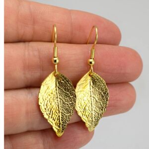Fine Jewelry 18 Kt Real Solid Yellow Gold Minimalist Leaf Dangle Drop Earrings