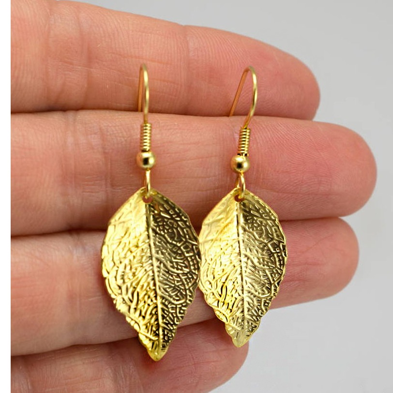 Fine Jewelry 18 Kt Real Solid Yellow Gold Minimalist Leaf Dangle Drop Earrings - Image 3