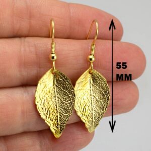 Fine Jewelry 18 Kt Real Solid Yellow Gold Minimalist Leaf Dangle Drop Earrings