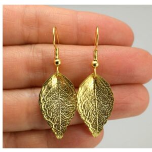 Fine Jewelry 18 Kt Real Solid Yellow Gold Minimalist Leaf Dangle Drop Earrings