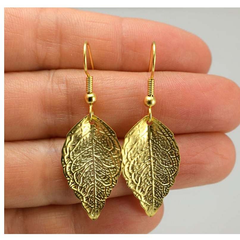 Fine Jewelry 18 Kt Real Solid Yellow Gold Minimalist Leaf Dangle Drop Earrings