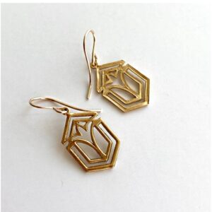 18 Kt Real Solid Yellow Gold Art Deco Frank Lloyd Wright Dangle Drop Earrings