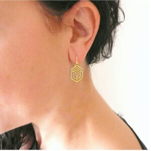 18 Kt Real Solid Yellow Gold Art Deco Frank Lloyd Wright Dangle Drop Earrings