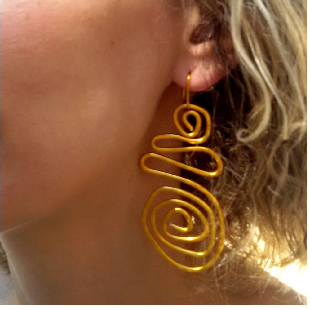 18 kt real solid yellow gold long spiral shape dangle drop earrings