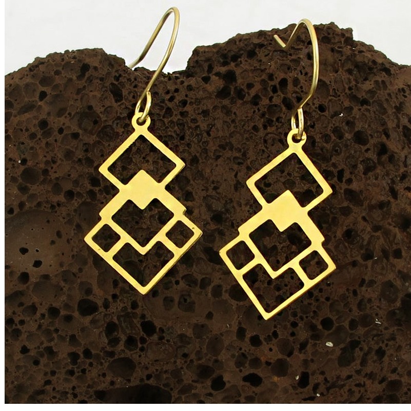 18 kt hallmark yellow gold abstract squares dangle drop hook earrings - Image 4