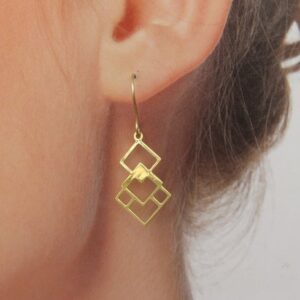 18 kt hallmark yellow gold abstract squares dangle drop hook earrings