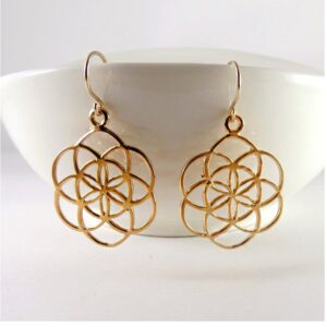 18 kt gold seed of life flower mandala judaica dangle drop earrings