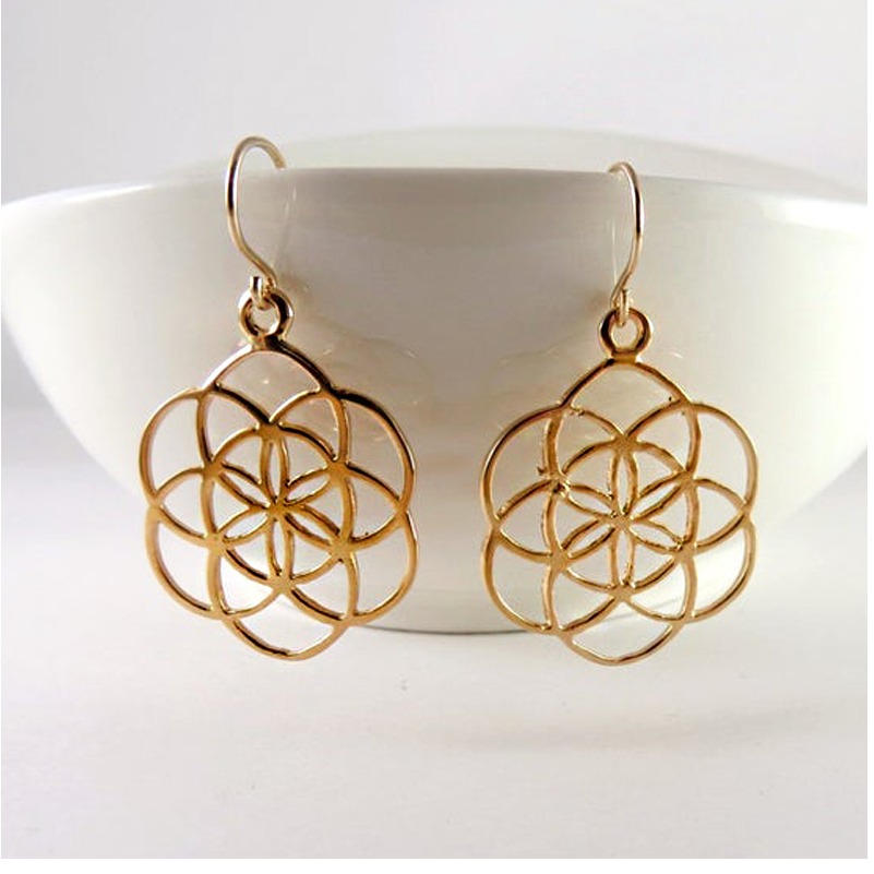 18 kt gold seed of life flower mandala judaica dangle drop earrings - Image 4