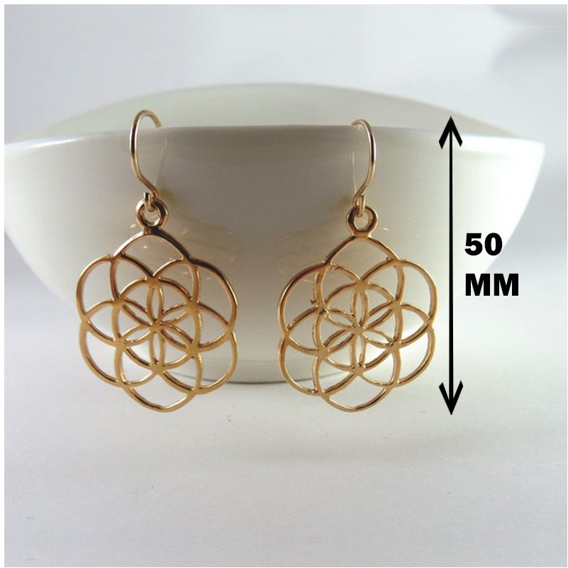 18 kt gold seed of life flower mandala judaica dangle drop earrings - Image 3
