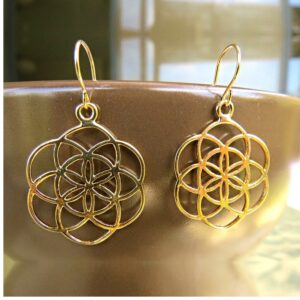 18 kt gold seed of life flower mandala judaica dangle drop earrings