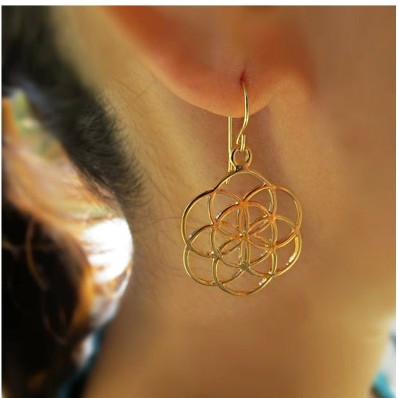 18 kt gold seed of life flower mandala judaica dangle drop earrings